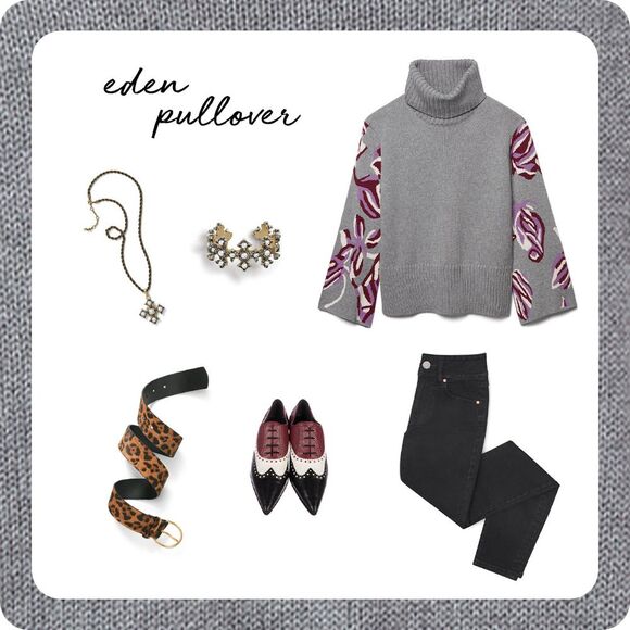 Cabi Eden Pullover Sweater Grey Wide Turtleneck Bell Floral Sleeves - Picture 6 of 7